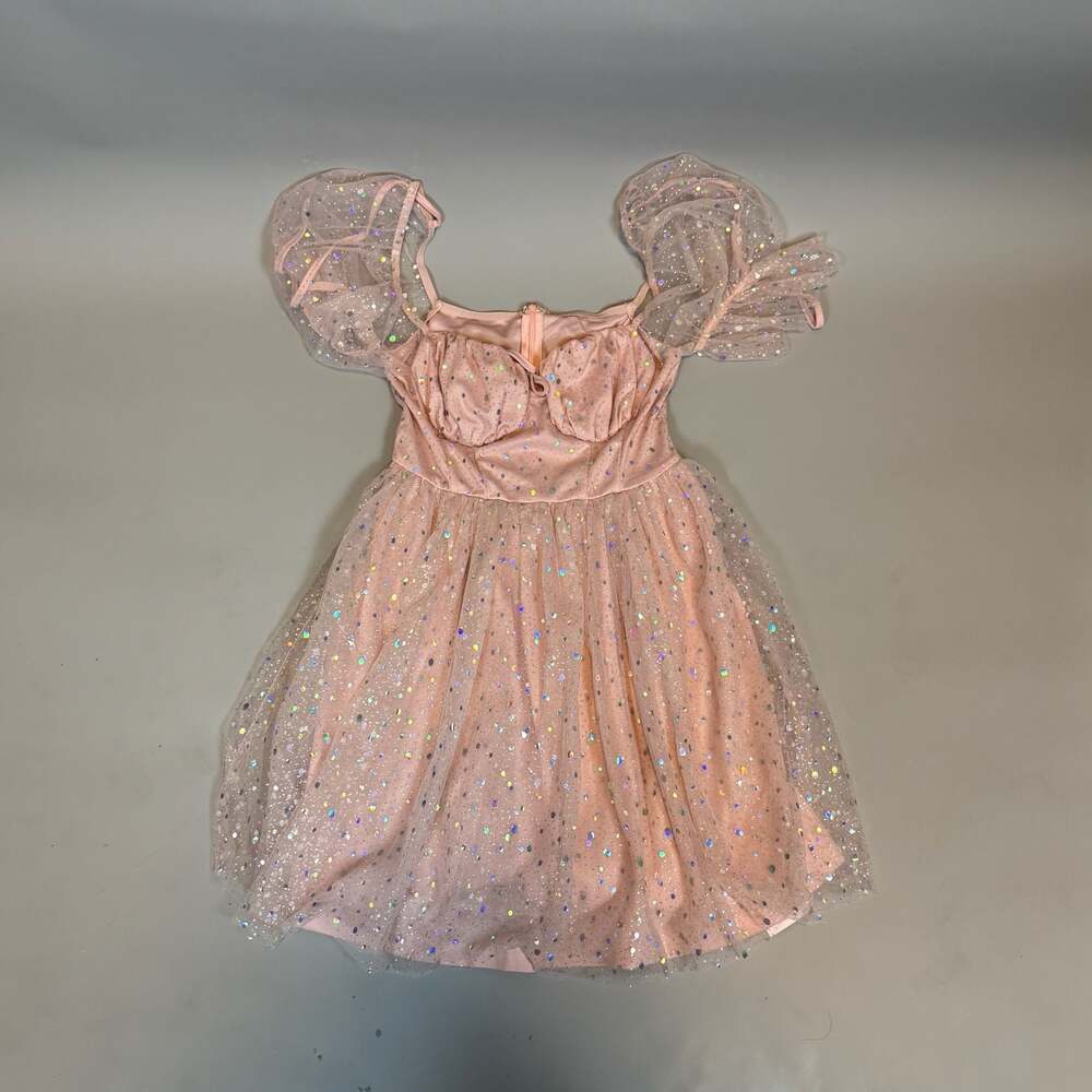 SHEIN Women’s Pink Glitter Tulle Puff Sleeve Mini Dress Size Small NWT